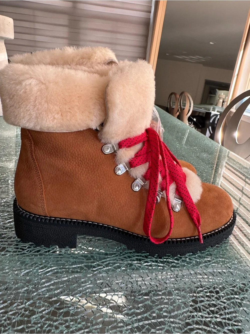 J Crew Tan Shearling-Lined Winter Boots with Red Laces 8M‎